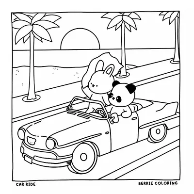 Desenho de contorno estilo kawaii de um coelho e um panda em um carro clássico conversível, com coqueiros, mar e sol ao fundo.