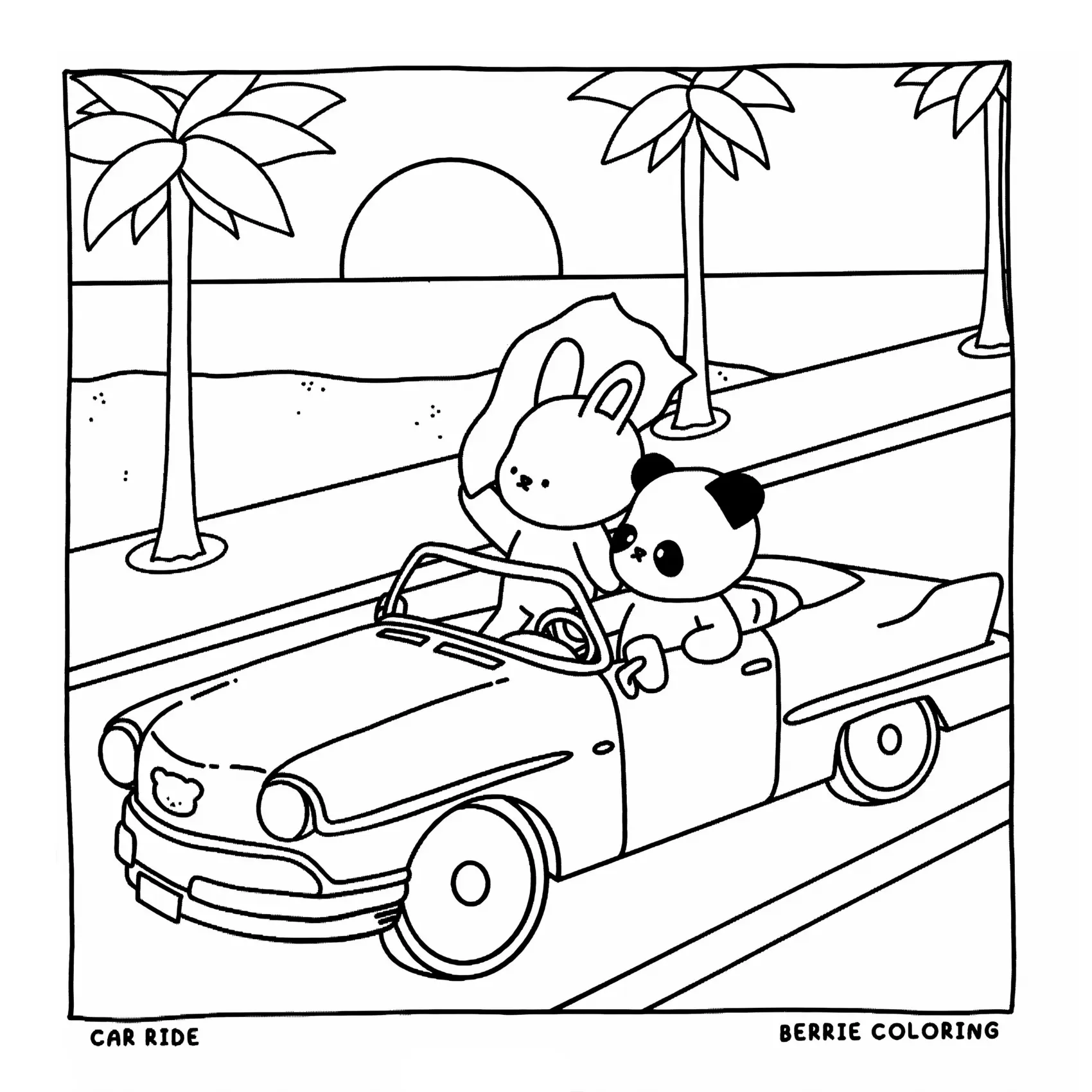 Desenho de contorno estilo kawaii de um coelho e um panda em um carro clássico conversível, com coqueiros, mar e sol ao fundo.