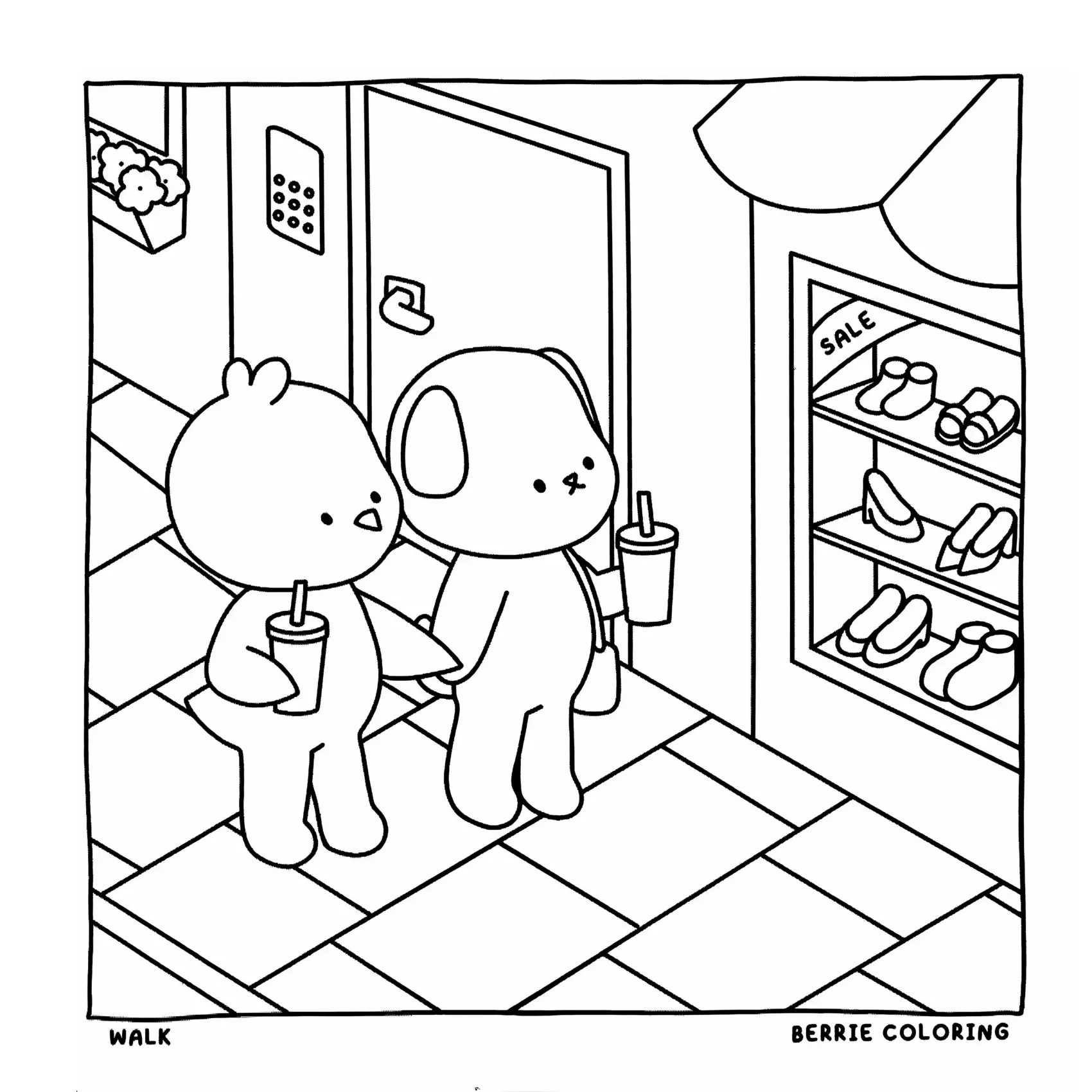 Desenho de contorno estilo kawaii de um passarinho e um cachorrinho segurando copos de suco e olhando sapatos em uma vitrine de loja.