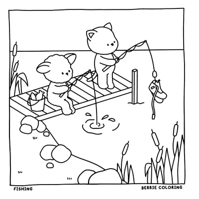 Desenho de contorno estilo kawaii de um gato em pé em um deck de madeira pescando um sapato e um carneirinho sentado com um balde de peixes ao lado.