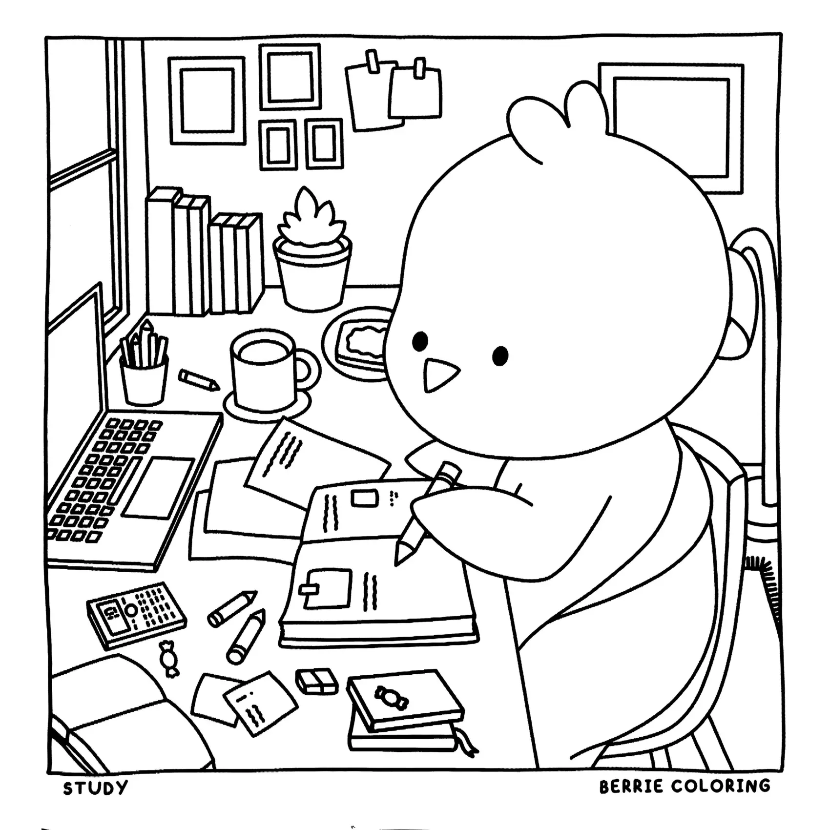 Desenho de contorno estilo kawaii de um pintinho sentado em uma cadeira, escrevendo em um caderno em uma mesa com notebook, calculadora e livros.