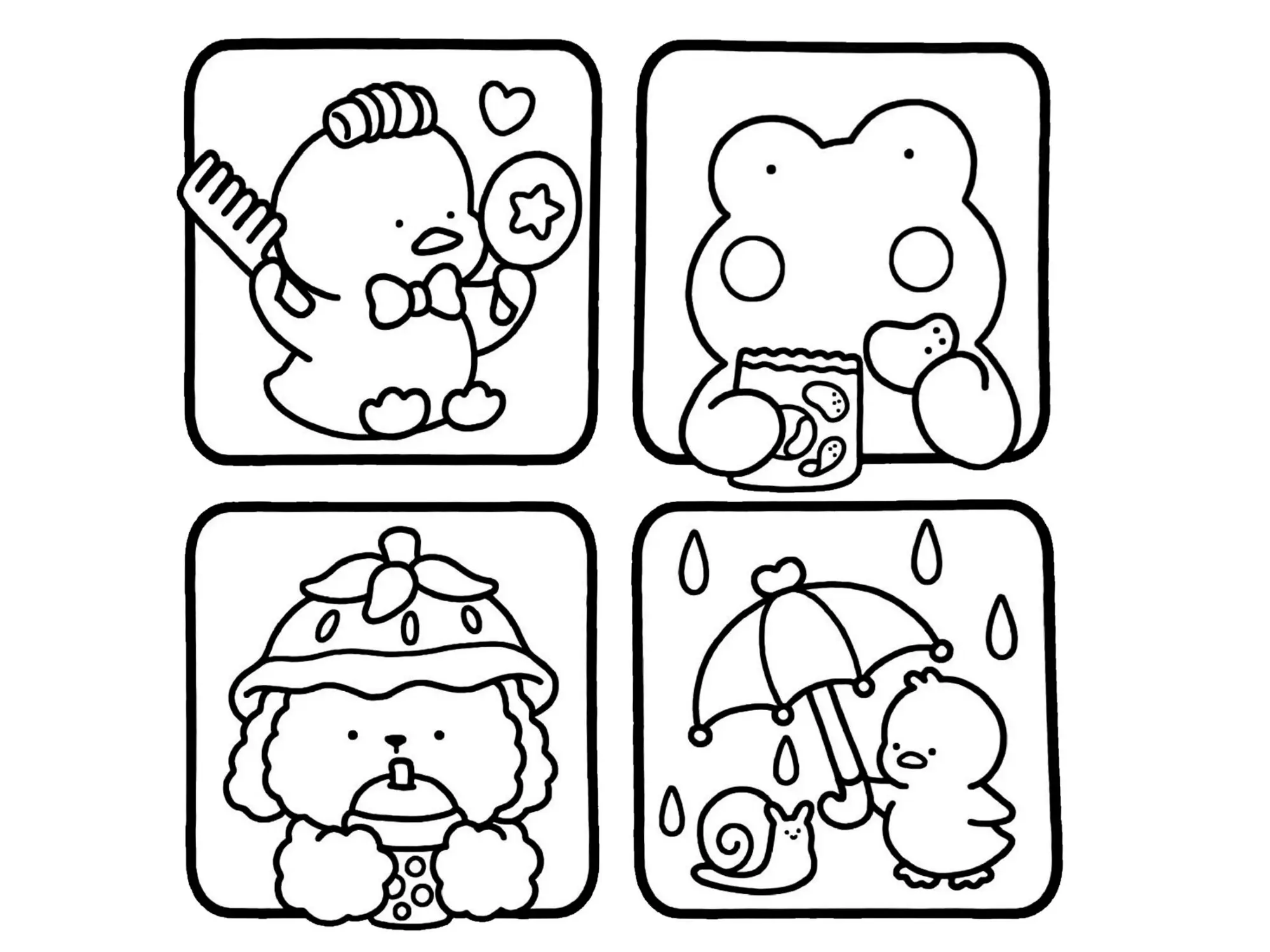 Desenho dividido em quatro quadrados: pintinho com pente e espelho, sapinho comendo salgadinhos, poodle tomando bubble tea e pintinho com guarda-chuva para o caracol.