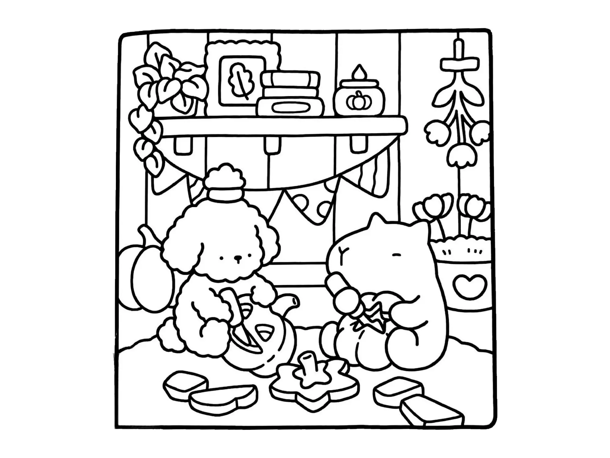 Desenho de contorno estilo kawaii de uma poodle e uma capivara sentadas no chão esculpindo lanternas de abóbora com facas sem ponta.