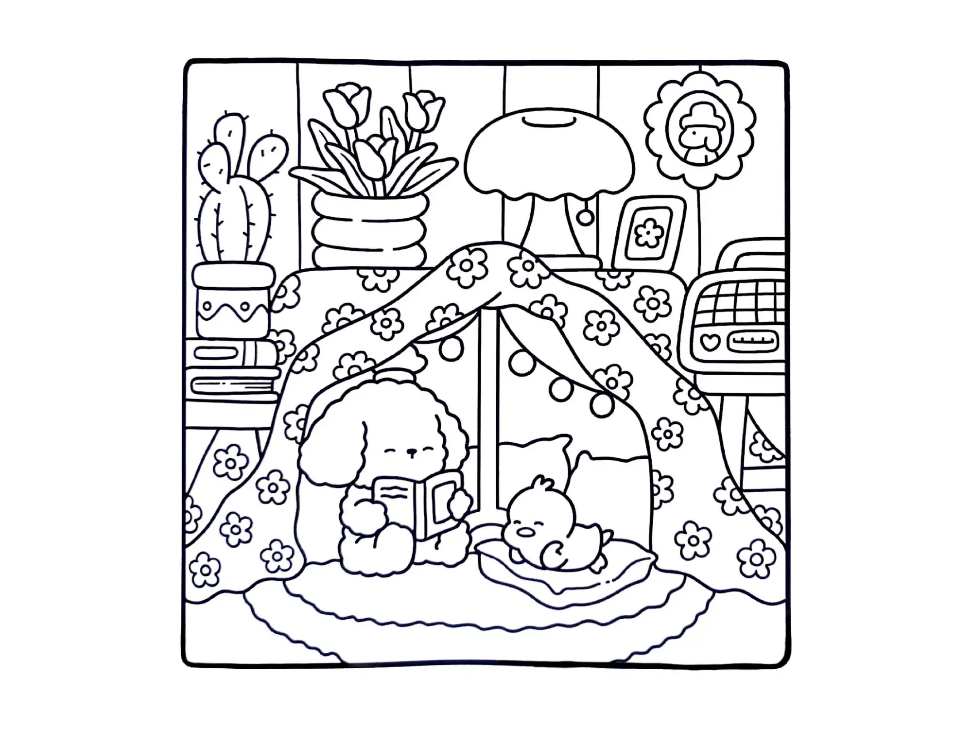 Desenho de contorno estilo kawaii de uma poodle lendo um livro dentro de uma cabana de lençol com estampa de flores, ao lado de um pintinho em uma almofada.