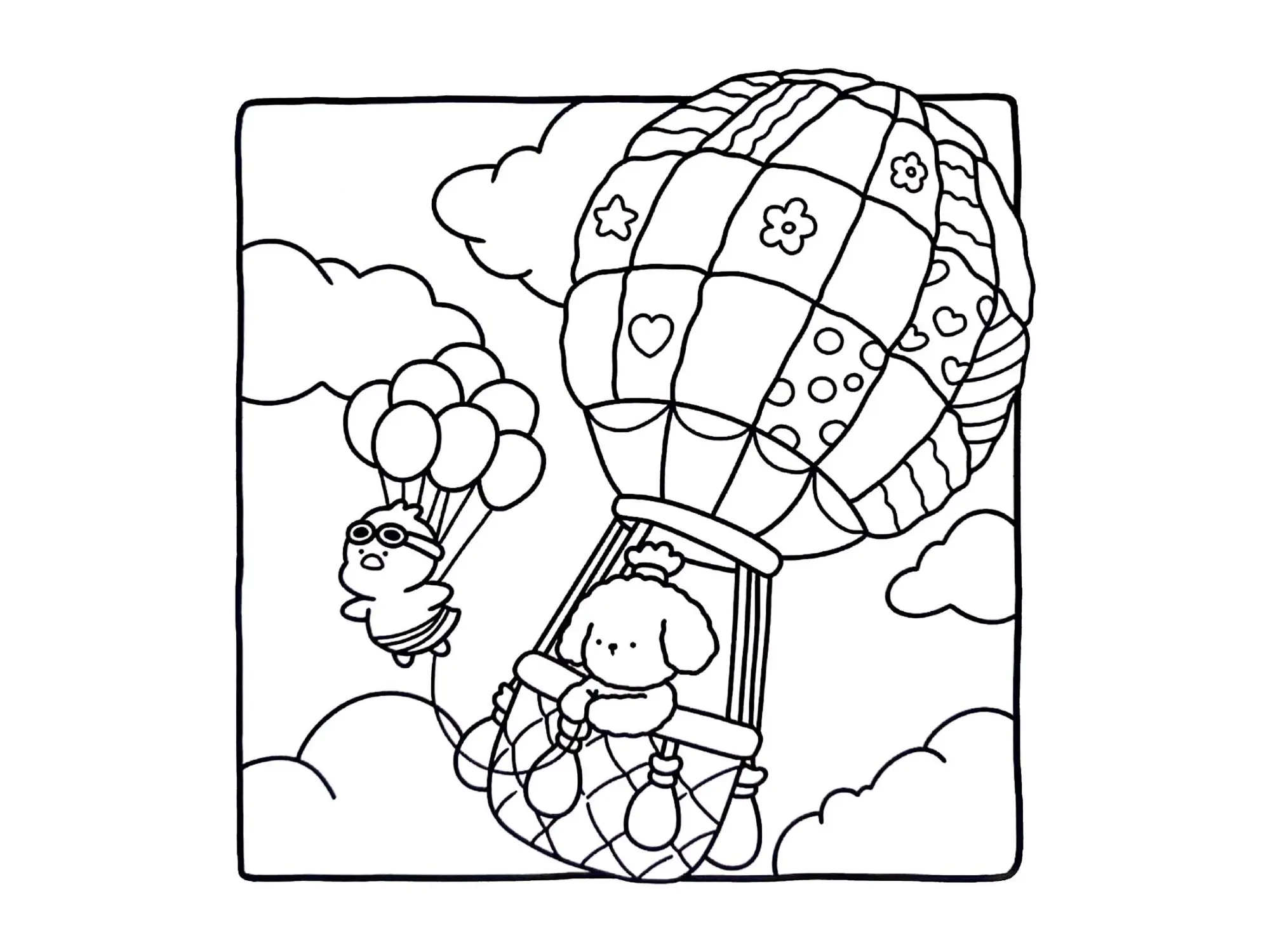 Desenho de contorno estilo kawaii de uma poodle em um cesto de balão de ar quente e um pintinho com óculos de aviador voando com balões menores.