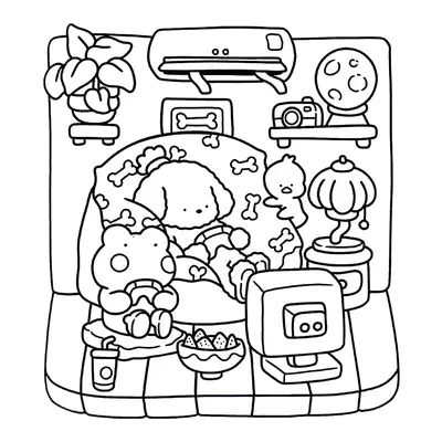 Desenho de contorno estilo kawaii de um sapo segurando um controle de videogame e uma poodle em uma cama com coberta de ossinhos, assistindo a uma TV antiga.