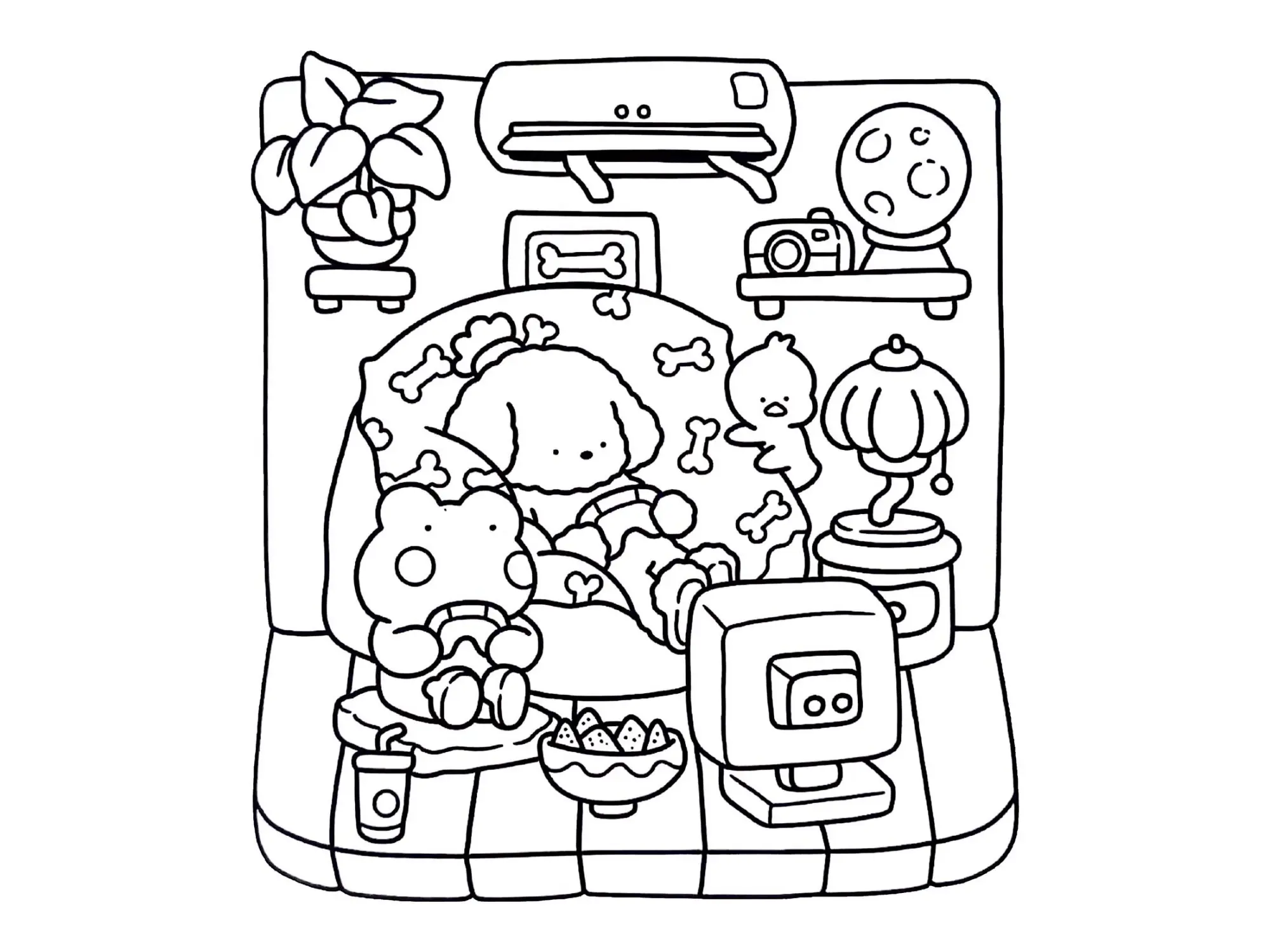Desenho de contorno estilo kawaii de um sapo segurando um controle de videogame e uma poodle em uma cama com coberta de ossinhos, assistindo a uma TV antiga.