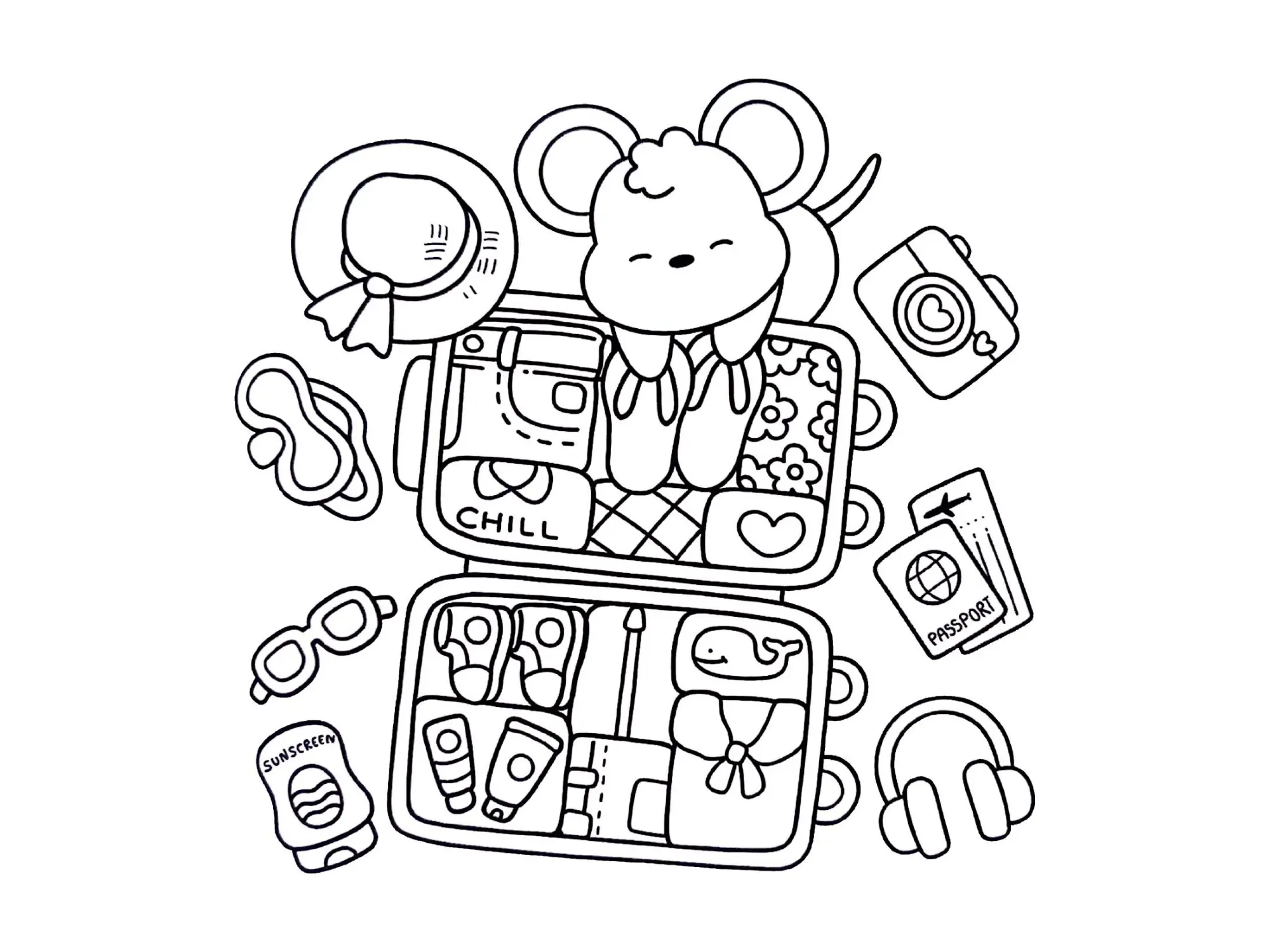 Desenho de contorno estilo kawaii de uma mala aberta com roupas dobradas, um ratinho sorridente, passaporte, passagens aéreas, protetor solar e câmera fotográfica.