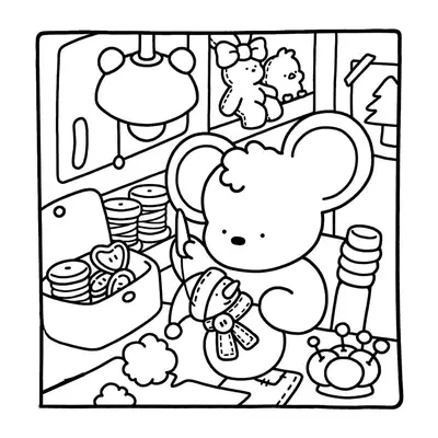 Desenho de contorno estilo kawaii de um ratinho costurando um boneco de neve, com caixa de botões de coração e carretéis de linha ao lado.