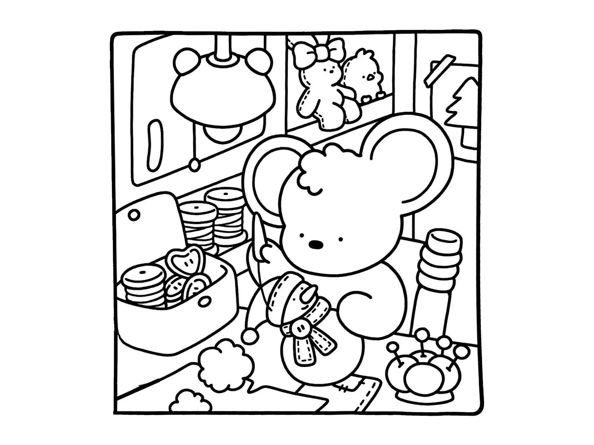 Desenho de contorno estilo kawaii de um ratinho costurando um boneco de neve, com caixa de botões de coração e carretéis de linha ao lado.
