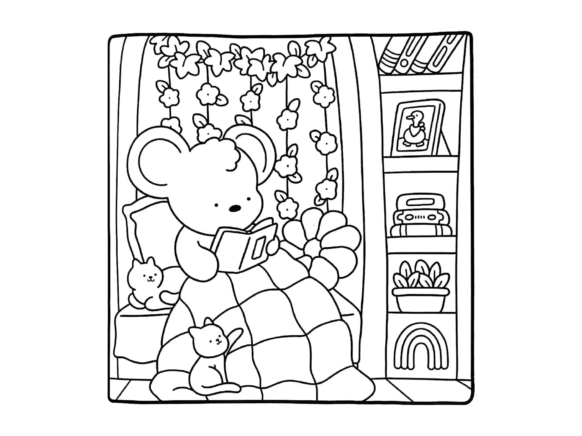 Desenho de contorno estilo kawaii de um ratinho sentado na cama lendo um livro, coberto por um edredom xadrez, com gatinhos ao lado e uma estante decorada.