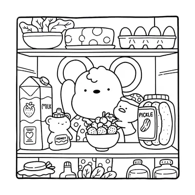 Desenho de contorno estilo kawaii de um rato e um pintinho dentro de uma geladeira com ovos, queijo, leite de morango, mel de urso e pote de picles.
