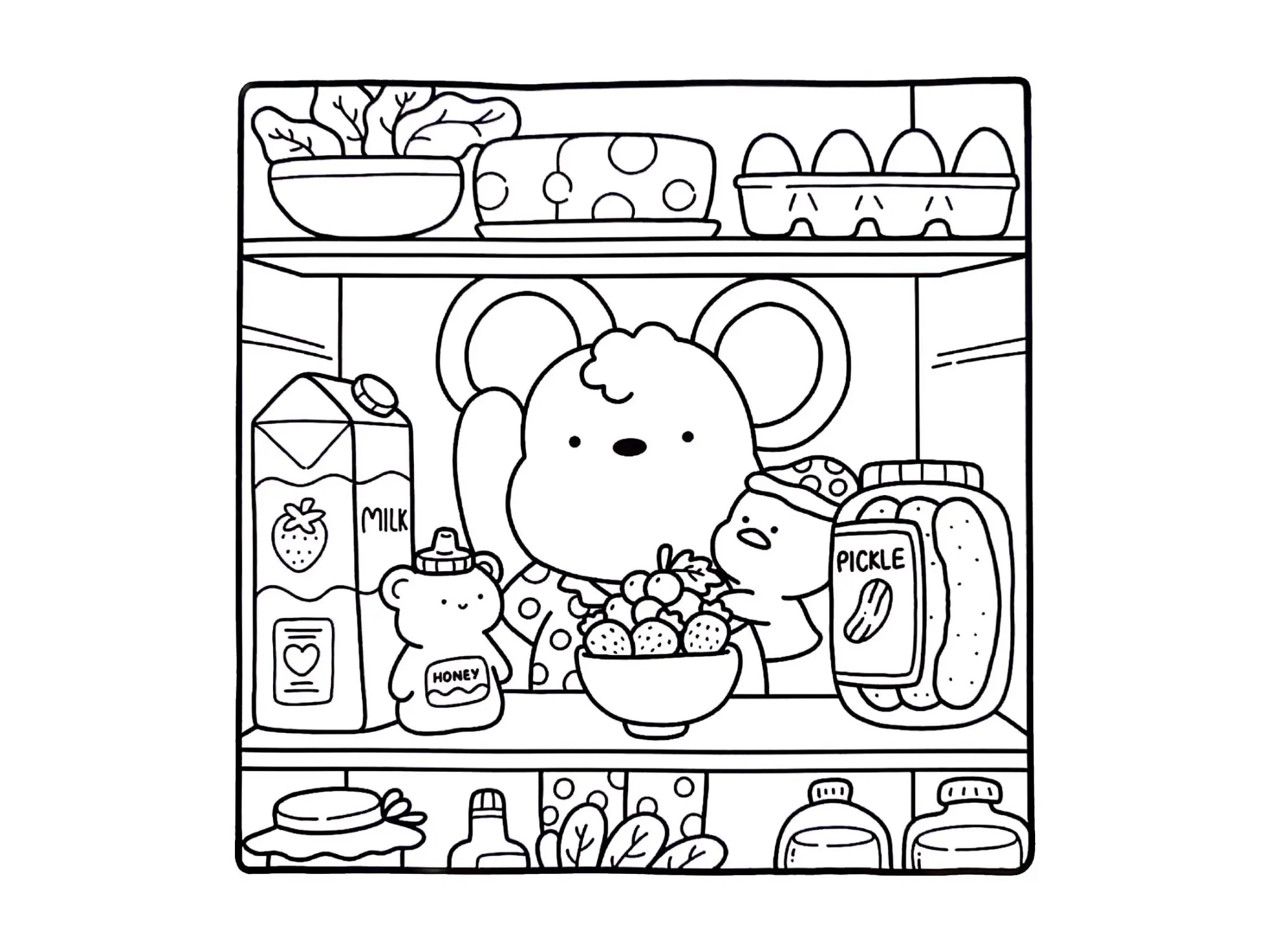 Desenho de contorno estilo kawaii de um rato e um pintinho dentro de uma geladeira com ovos, queijo, leite de morango, mel de urso e pote de picles.