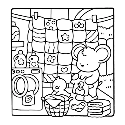 Desenho de contorno estilo kawaii de um ratinho segurando uma camiseta de patinho ao lado de uma máquina de lavar e uma colcha de retalhos pendurada.