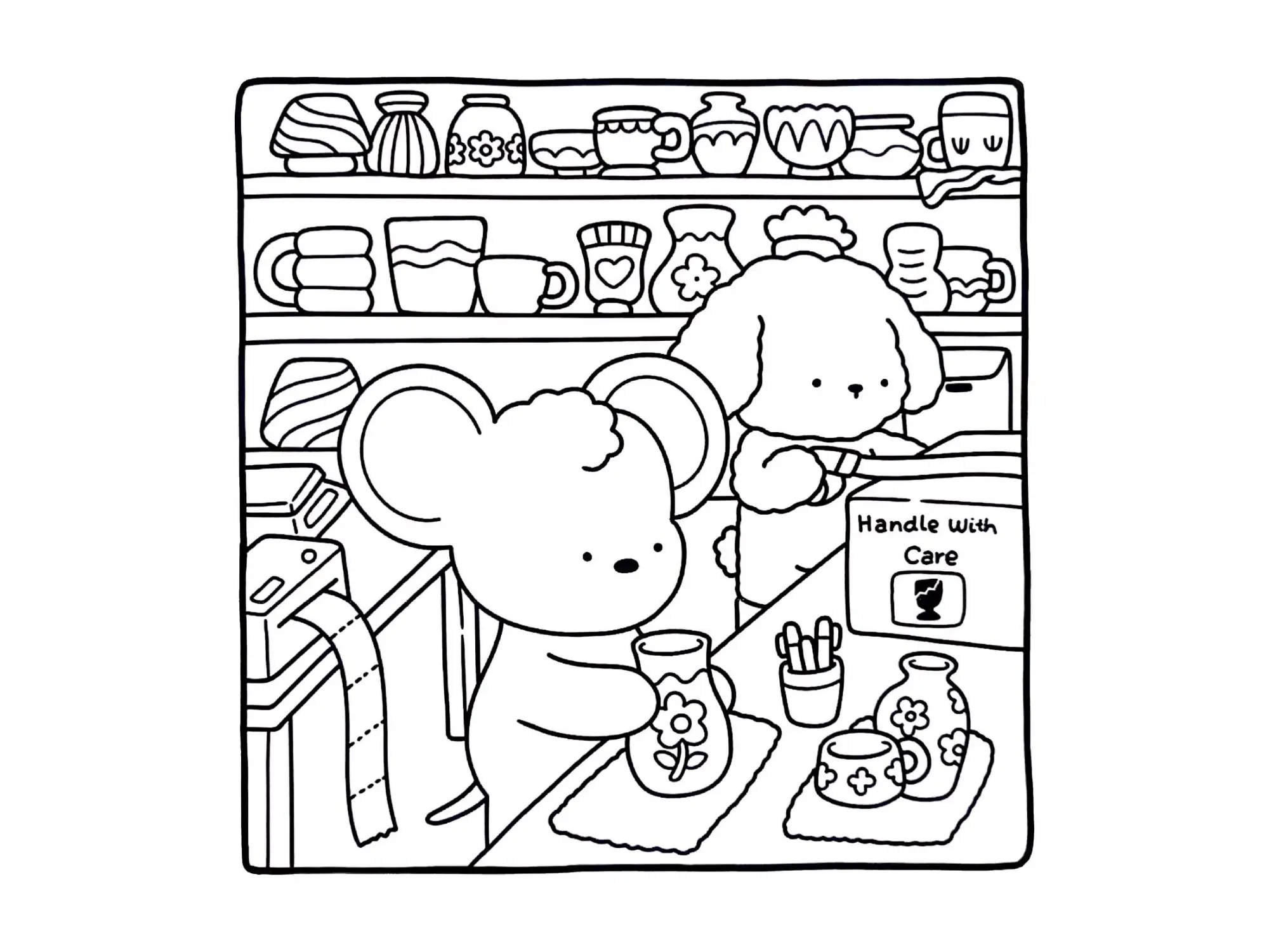 Desenho de contorno estilo kawaii de um ratinho segurando um vaso de flor e uma poodle embalando uma caixa escrito "Handle With Care" em uma prateleira de cerâmicas.