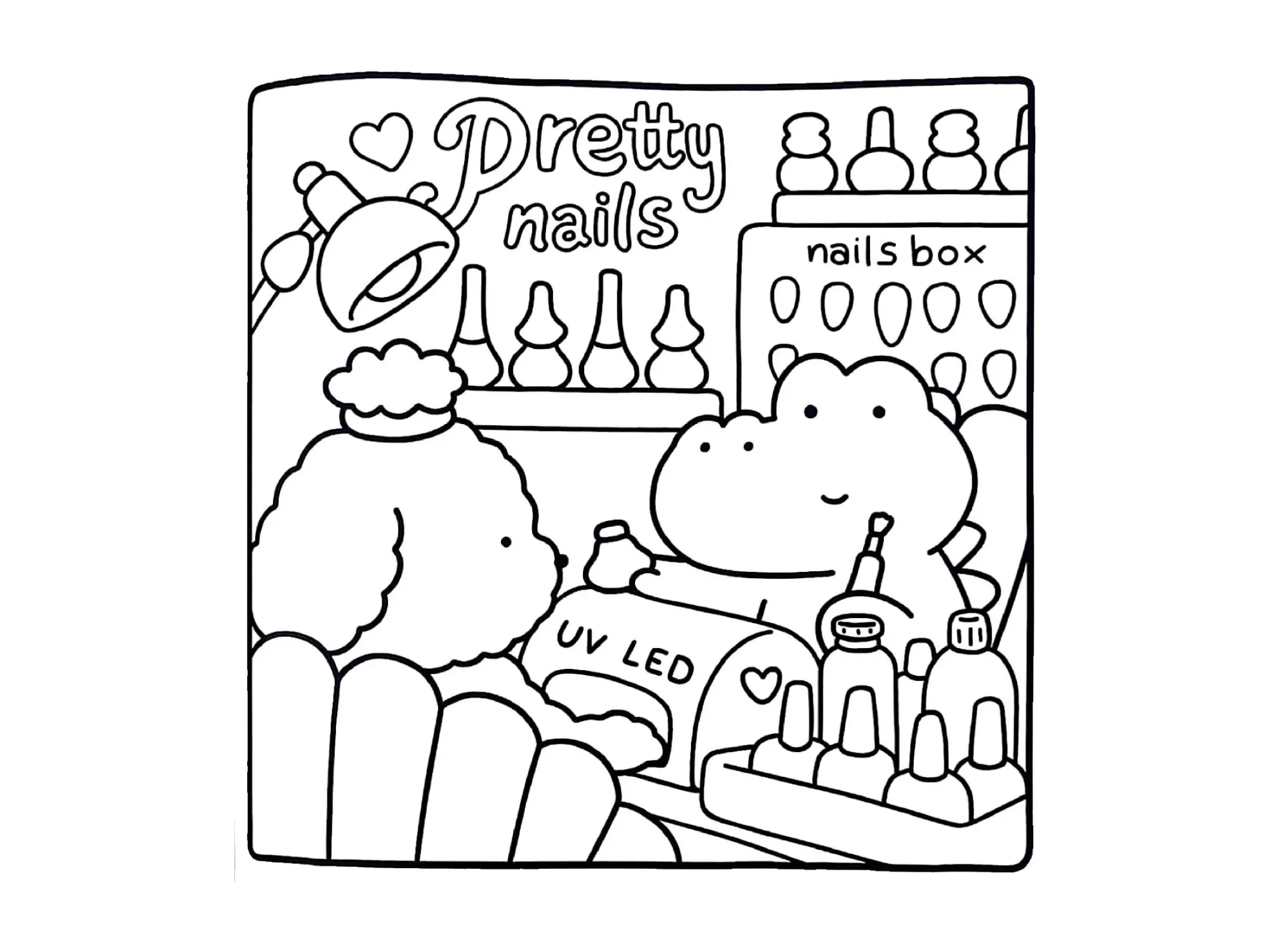 Desenho de contorno estilo kawaii de um hipopótamo pintando as unhas de uma cachorrinha poodle em um salão com prateleiras de esmaltes e luminária.
