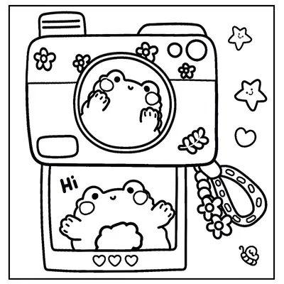 Desenho de contorno estilo kawaii de uma câmera fotográfica com um sapinho na lente e uma foto saindo da parte de baixo com o sapinho dizendo 