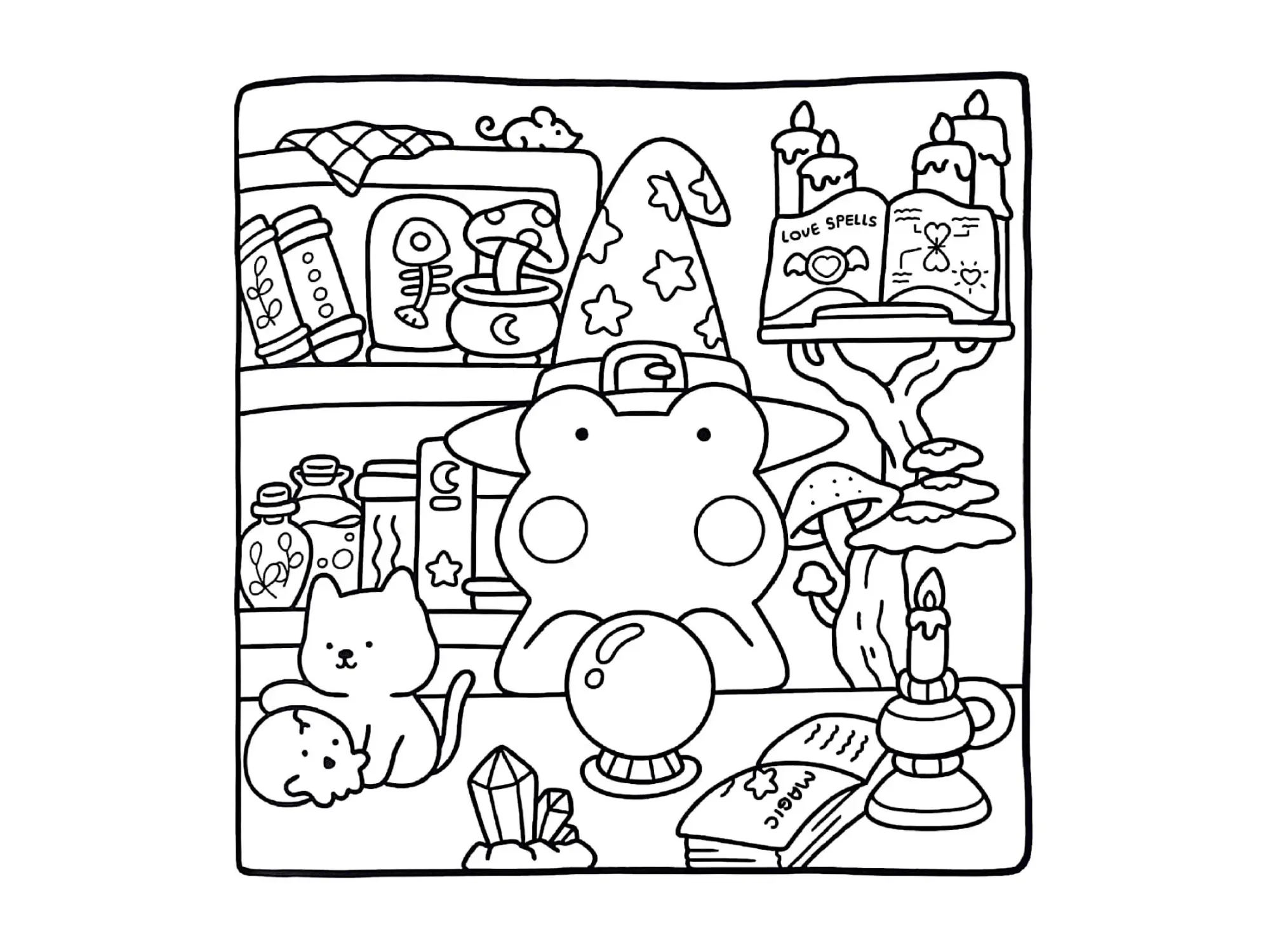 Desenho de contorno estilo kawaii de um sapo com chapéu de mago, uma bola de cristal, velas acesas, livros de feitiços e poções em prateleiras.