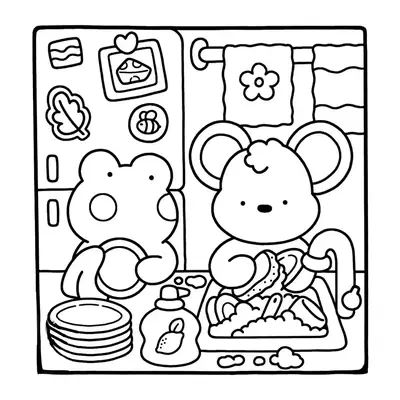 Desenho de contorno estilo kawaii de um sapinho secando um prato e um ratinho ensaboando a louça na pia da cozinha.