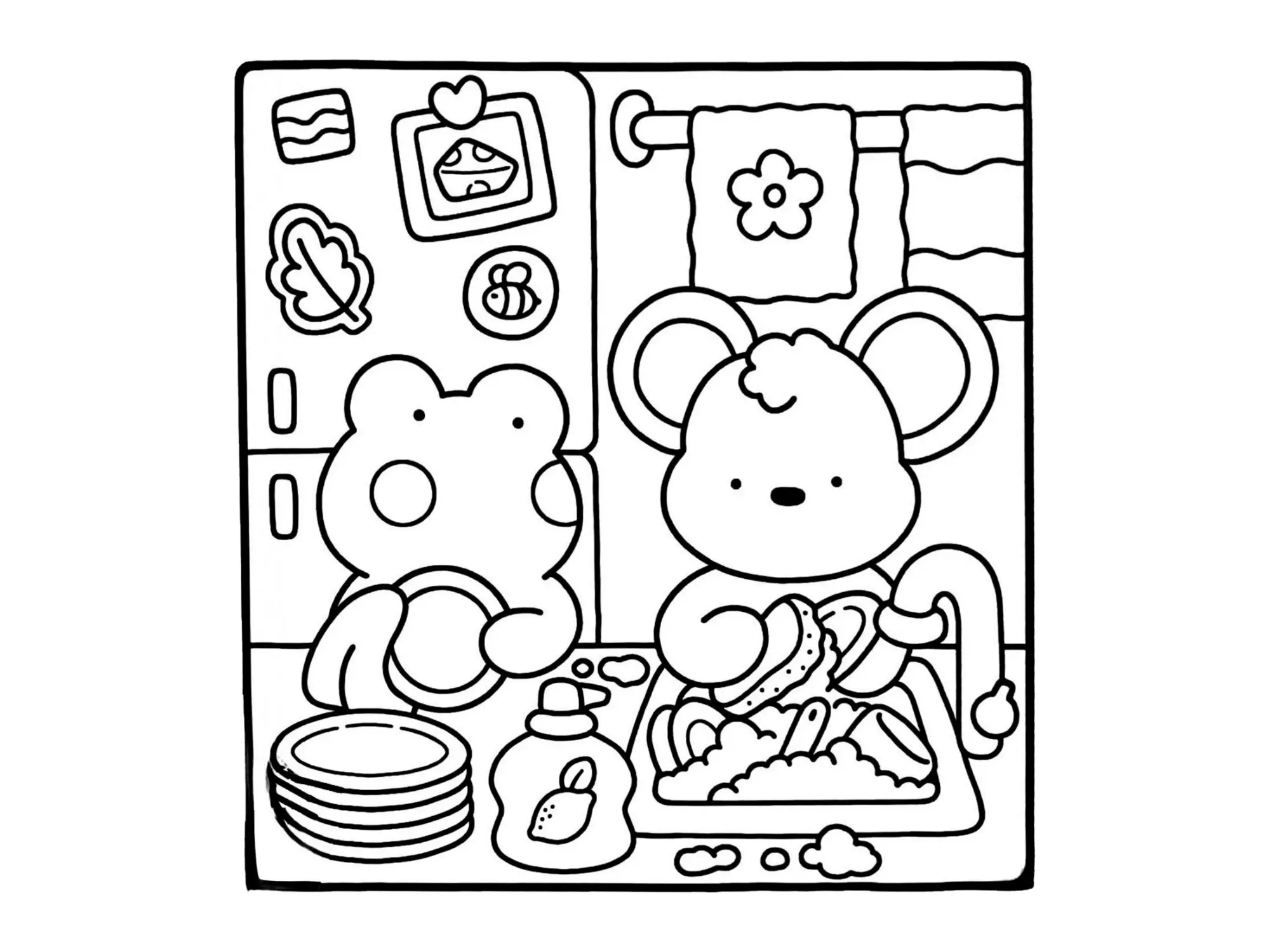 Desenho de contorno estilo kawaii de um sapinho secando um prato e um ratinho ensaboando a louça na pia da cozinha.