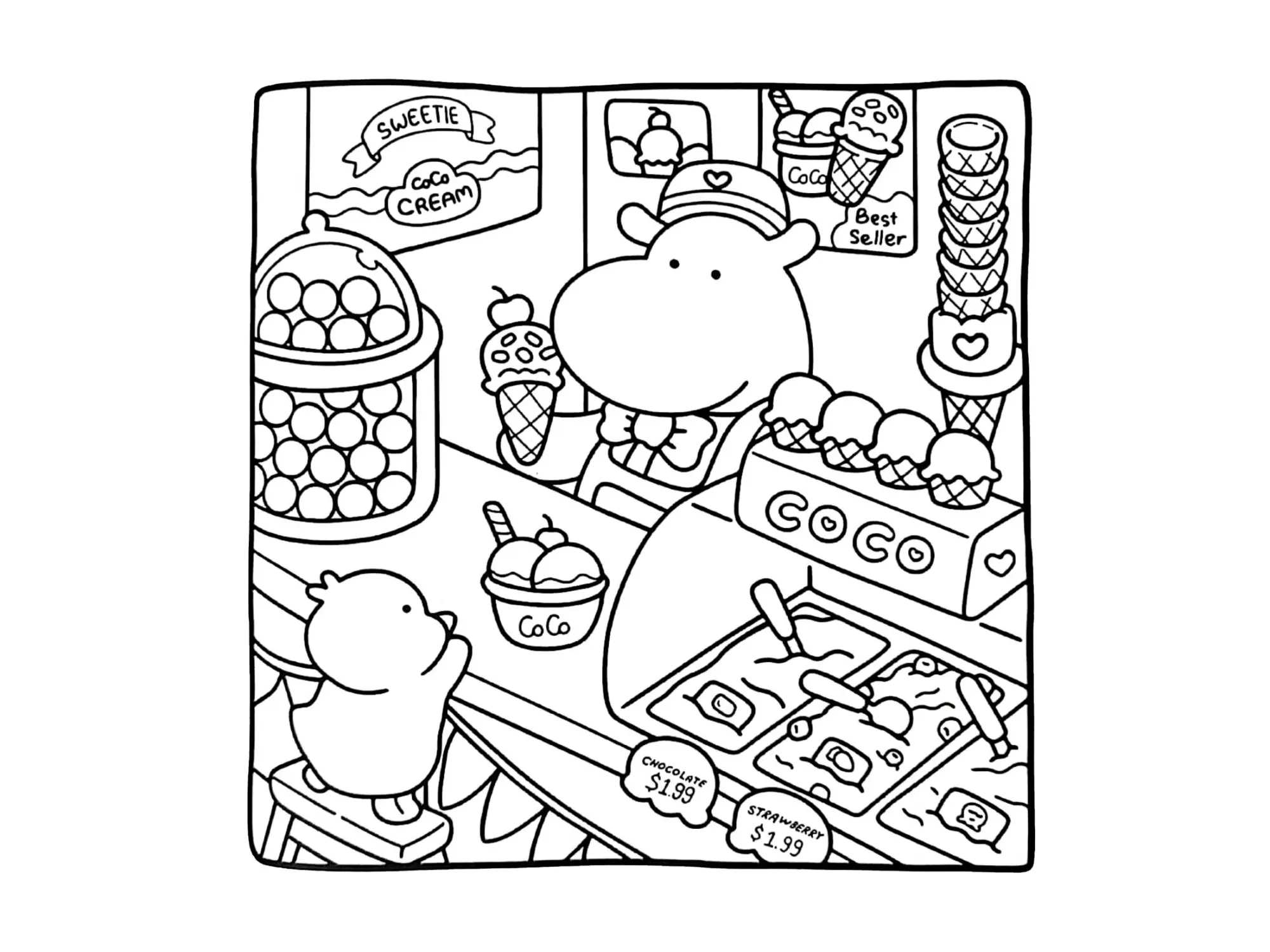 Desenho de contorno estilo kawaii de um hipopótamo com chapéu e gravata borboleta servindo sorvete em uma loja com balcão de sabores e potes de doces.