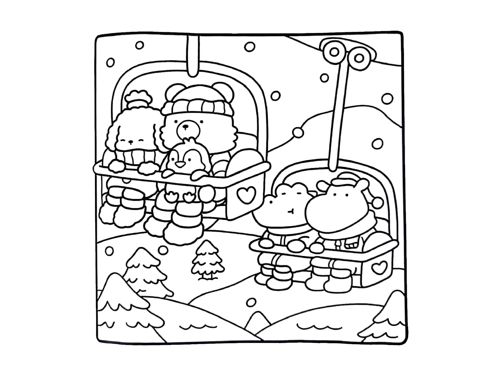Desenho de contorno estilo kawaii de animais (urso, poodle, pinguim, hipopótamo) sentados em cadeiras de teleférico sobre montanhas com neve e pinheiros.