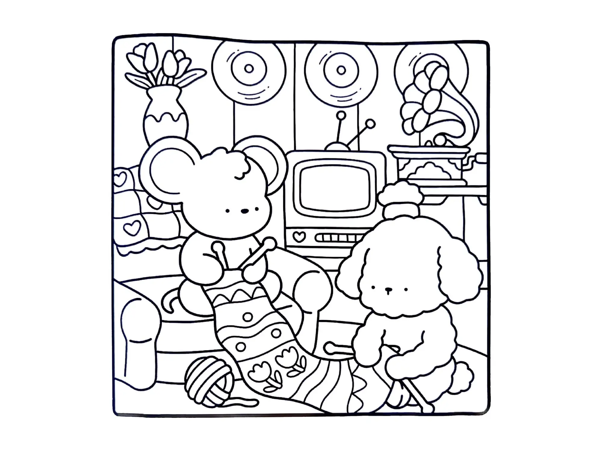 Desenho de contorno estilo kawaii de um rato e um cachorro poodle tricotando um cachecol com estampa de flores em uma sala com TV retrô e gramofone.