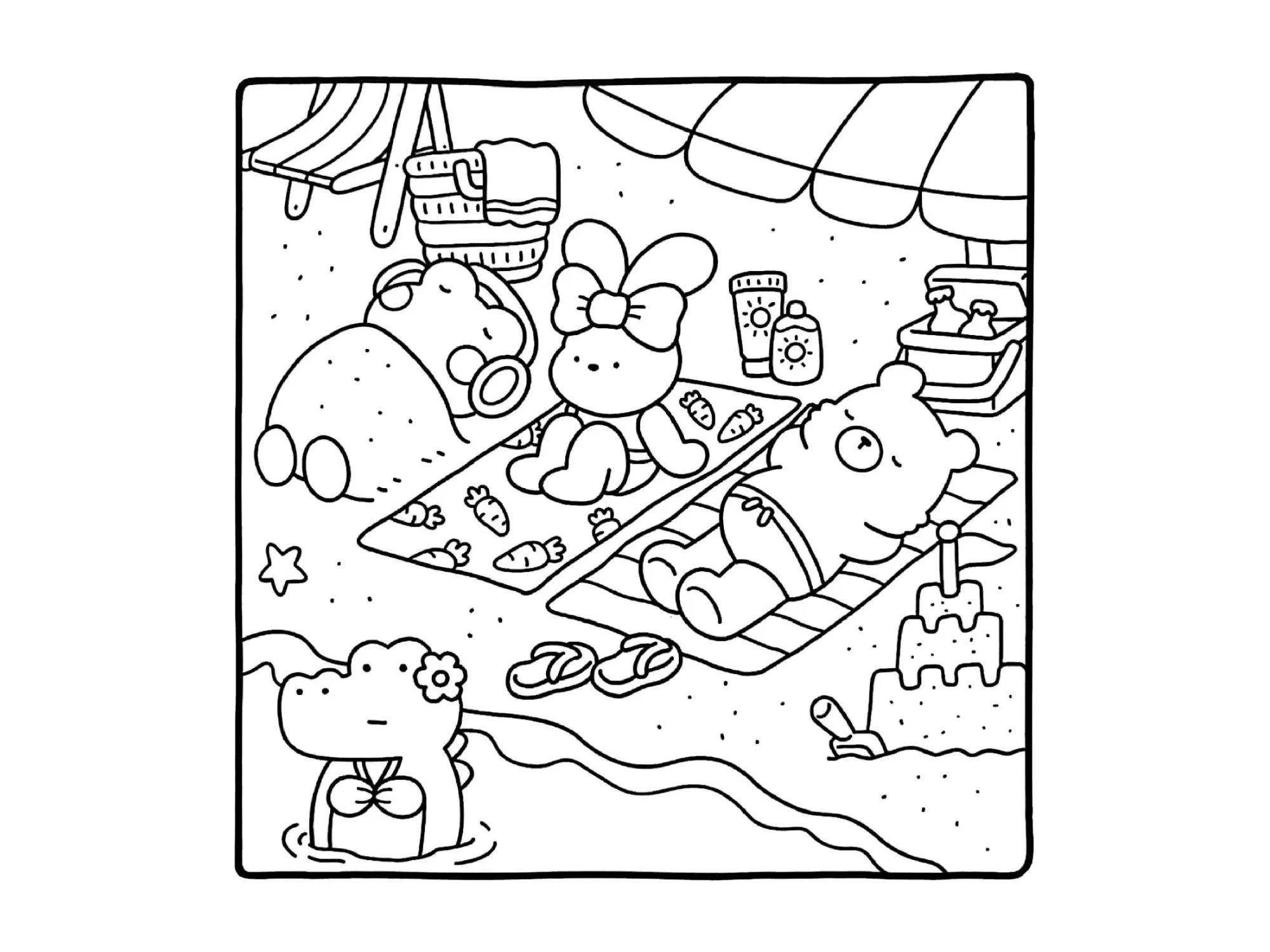 Desenho de contorno estilo kawaii de um urso e um sapinho deitados em toalhas, uma coelhinha sentada e um jacaré na água em uma praia com guarda-sol.