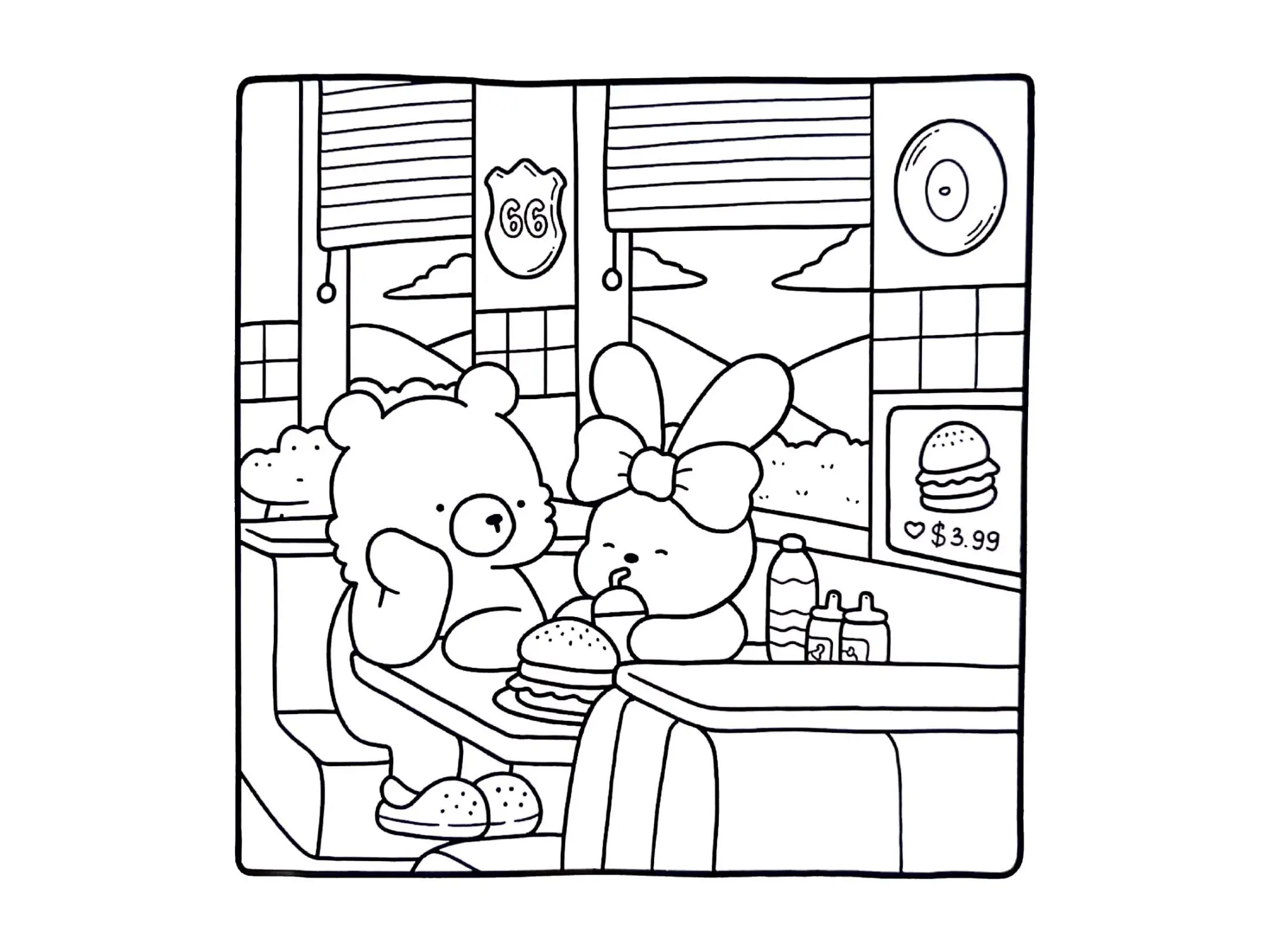 Desenho de contorno estilo kawaii de um urso e uma coelhinha sentados em uma mesa de lanchonete com hambúrgueres, refrigerante e vista para montanhas.