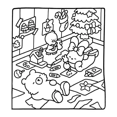 Desenho de contorno estilo kawaii de um urso, uma coelhinha com laço e um pintinho recortando papel em uma sala com árvore de Natal.