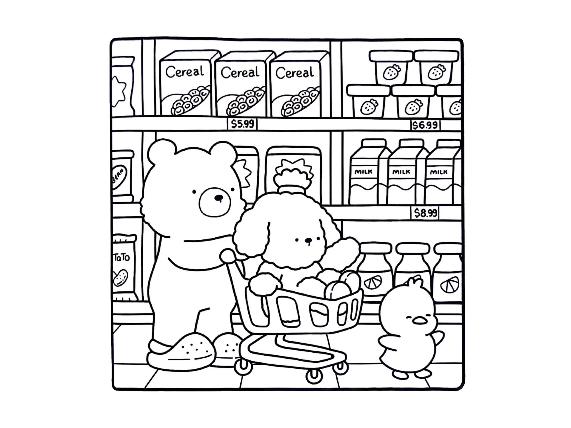 Desenho de contorno estilo kawaii de um urso com chapéu de chef mexendo uma panela no fogão, com temperos, legumes e um gatinho sentado no chão da cozinha.