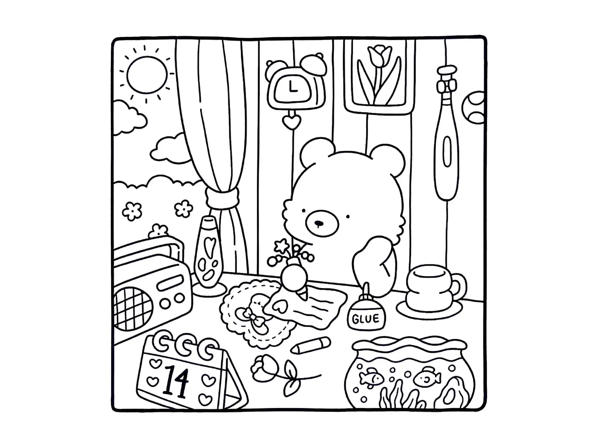 Desenho de contorno estilo kawaii de um urso sentado à mesa colando um coração em um papel, com um aquário de peixes, rádio retrô e janela ao fundo.
