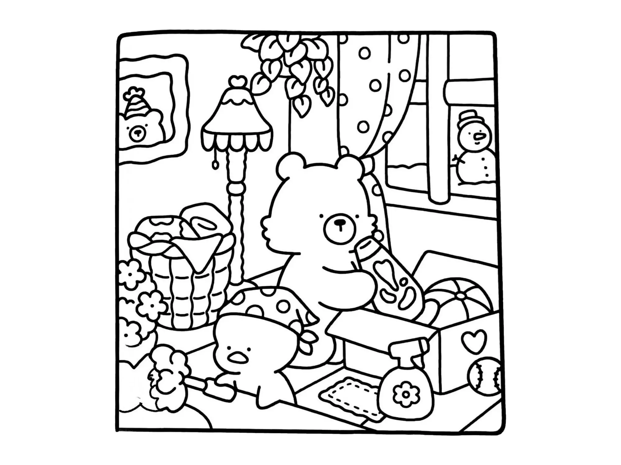 Desenho de contorno estilo kawaii de um ursinho guardando uma garrafa em uma caixa e um pintinho com lenço na cabeça usando um espanador.