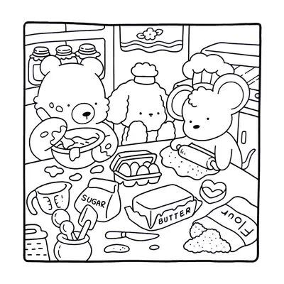 Desenho de contorno estilo kawaii de um urso batendo massa, um rato usando rolo de macarrão e uma poodle de chapéu de mestre cuca em uma cozinha cheia de ingredientes.