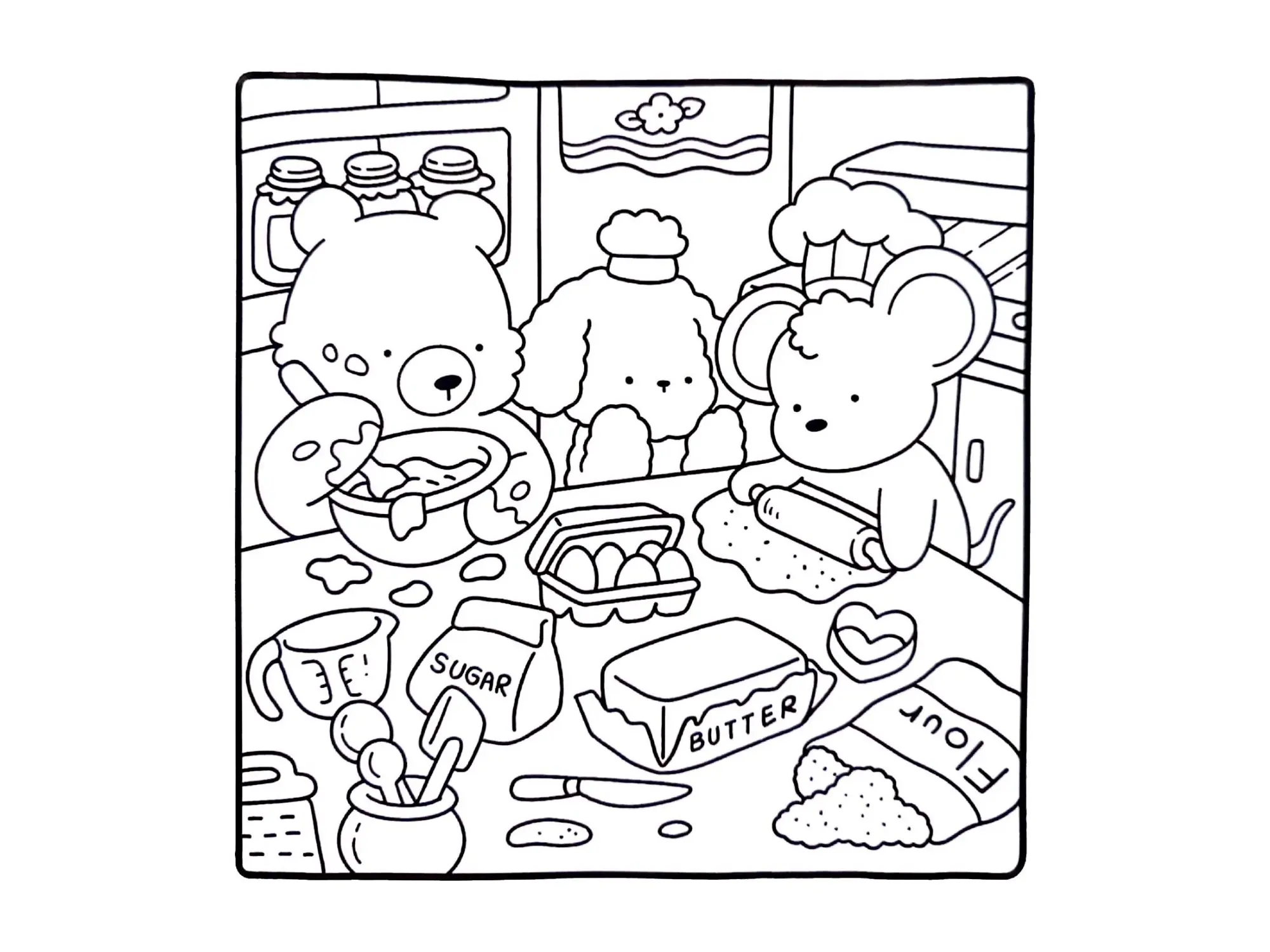 Desenho de contorno estilo kawaii de um urso batendo massa, um rato usando rolo de macarrão e uma poodle de chapéu de mestre cuca em uma cozinha cheia de ingredientes.