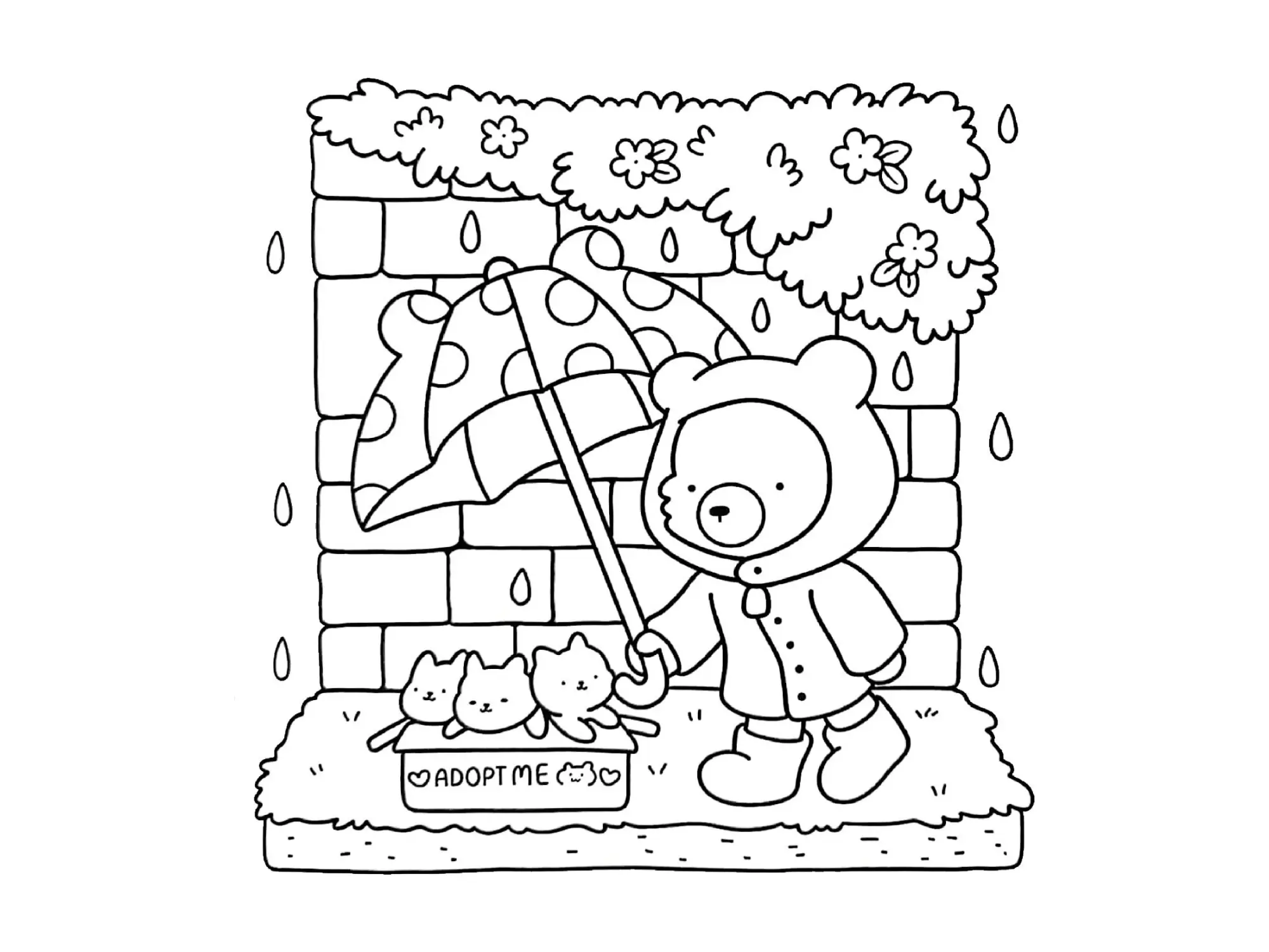Desenho de contorno estilo kawaii de um urso de capa de chuva e galochas segurando um guarda-chuva sobre uma caixa com três gatinhos escrita "Adopt Me".