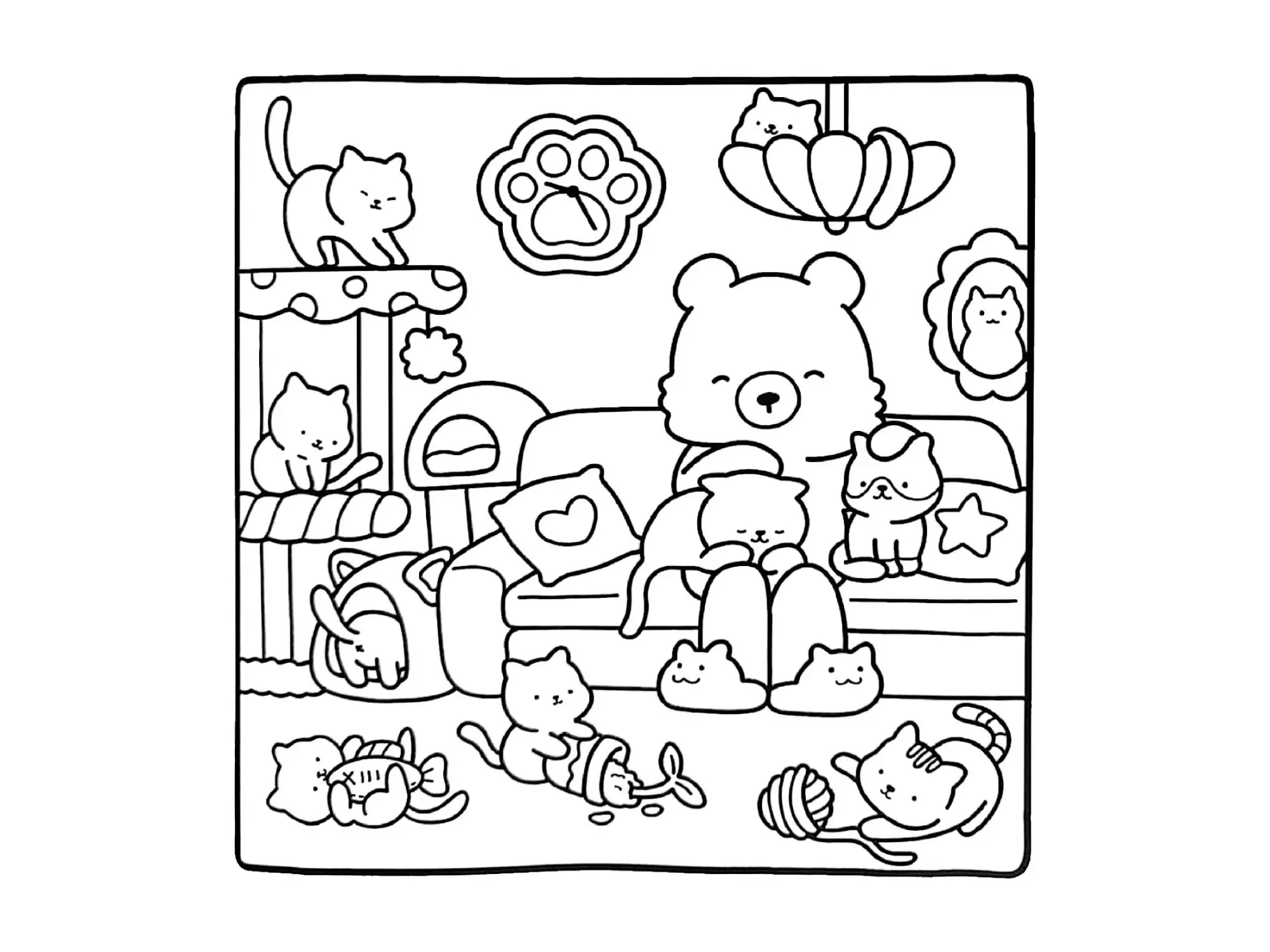 Desenho de contorno estilo kawaii de um urso sentado em um sofá com gatinhos no colo, no chão e em um arranhador, com brinquedos e relógio de patinha.