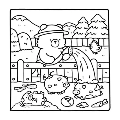 Desenho de contorno estilo kawaii de um urso com chapéu segurando uma mangueira e lavando porquinhos em um cercado de fazenda com montanhas.