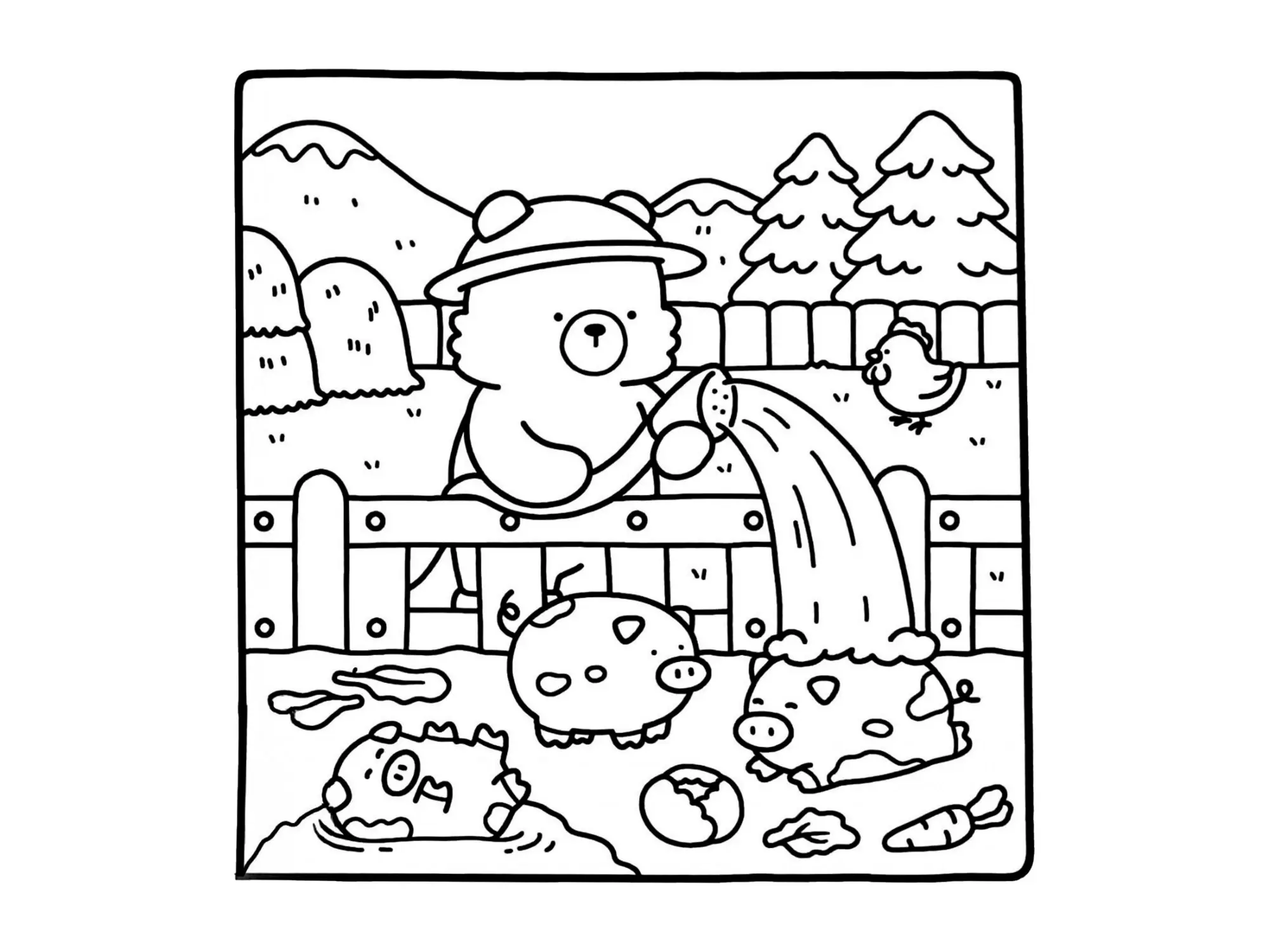 Desenho de contorno estilo kawaii de um urso com chapéu segurando uma mangueira e lavando porquinhos em um cercado de fazenda com montanhas.