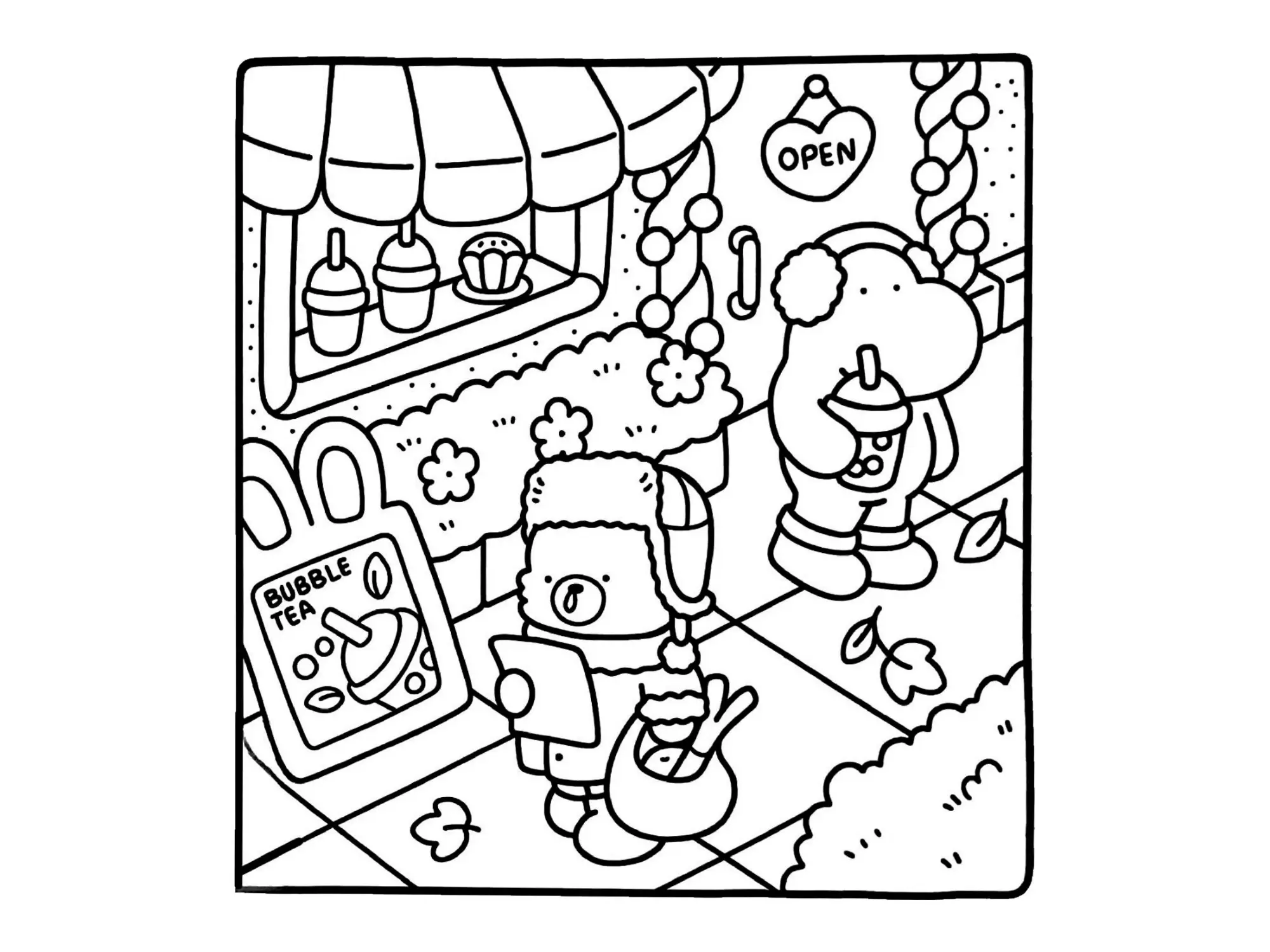 Desenho de contorno estilo kawaii de um urso com casaco de inverno e um hipopótamo com protetor de ouvido segurando um copo de bubble tea na calçada.