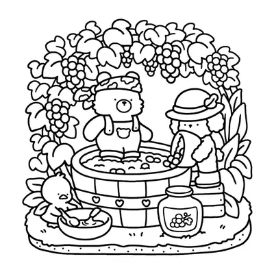 Desenho de contorno estilo kawaii de um urso dentro de um barril de uvas e uma poodle despejando mais uvas, com um pintinho ao lado.