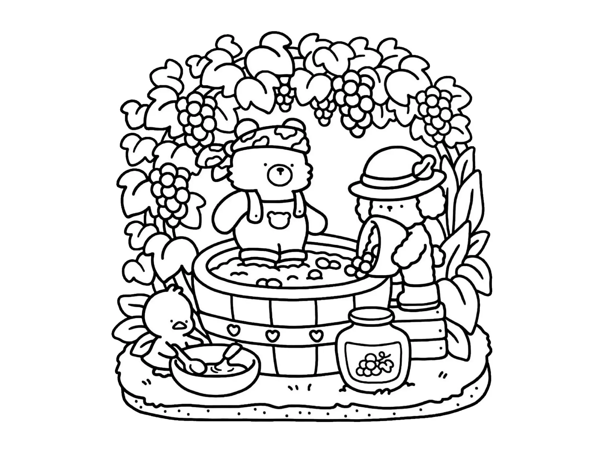 Desenho de contorno estilo kawaii de um urso dentro de um barril de uvas e uma poodle despejando mais uvas, com um pintinho ao lado.