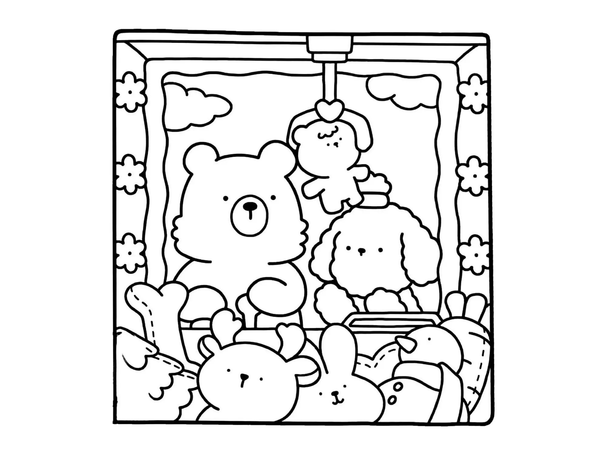 Desenho de contorno estilo kawaii do urso e da poodle olhando através do vidro de uma máquina de garra cheia de bichinhos de pelúcia.