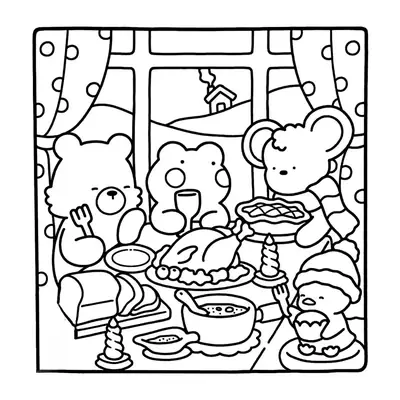 Desenho de contorno estilo kawaii de quatro amigos sentados à mesa com um grande banquete de Natal, com vista para uma casinha na neve pela janela.