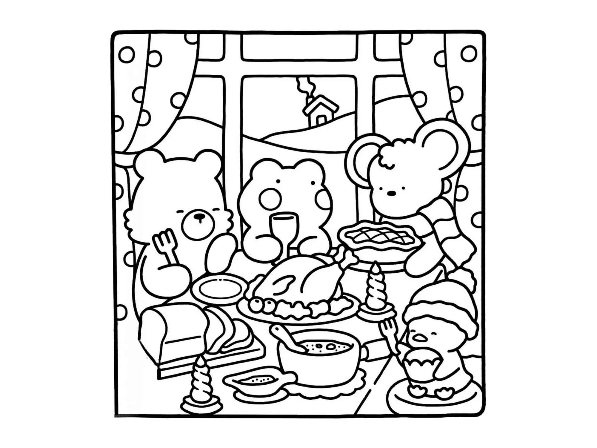 Desenho de contorno estilo kawaii de quatro amigos sentados à mesa com um grande banquete de Natal, com vista para uma casinha na neve pela janela.