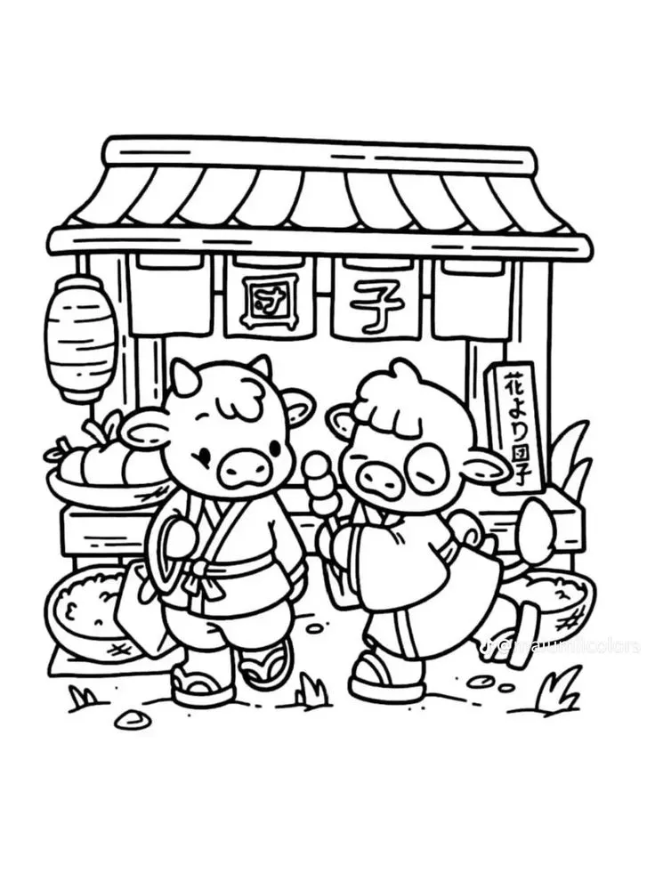 Desenho de contorno estilo kawaii de uma vaca e uma ovelha vestindo quimonos em frente a uma barraca japonesa com lanterna e comida de rua.