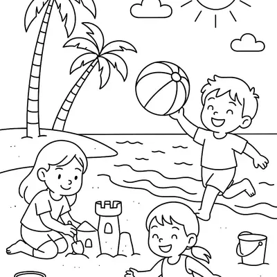 Desenho de contorno de três crianças na praia: uma sentada fazendo castelo de areia e outras duas correndo com uma bola, sob coqueiros e sol.