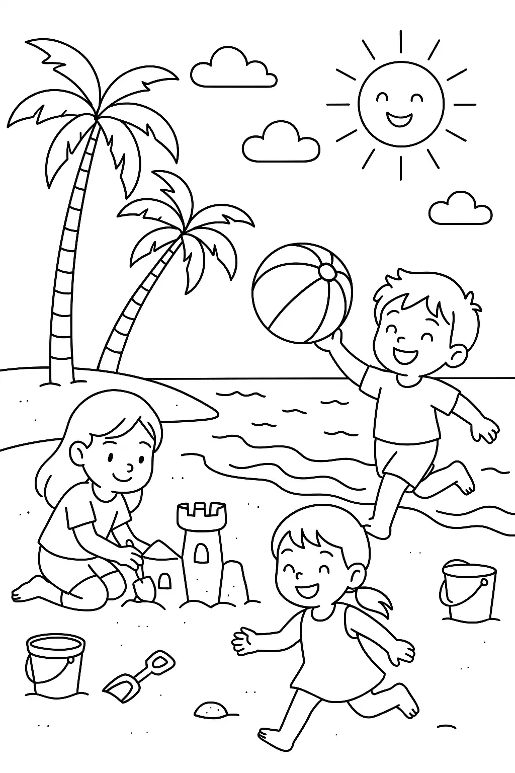 Desenho de contorno de três crianças na praia: uma sentada fazendo castelo de areia e outras duas correndo com uma bola, sob coqueiros e sol.