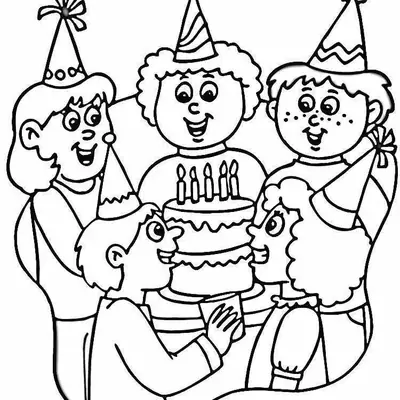 Desenho de contorno de cinco crianças felizes usando diferentes chapéus de festa, reunidas em volta de um bolo de aniversário de duas camadas.