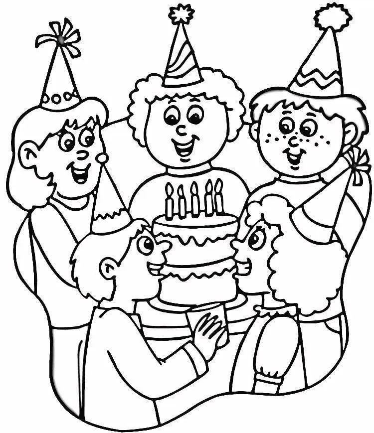 Desenho de contorno de cinco crianças felizes usando diferentes chapéus de festa, reunidas em volta de um bolo de aniversário de duas camadas.